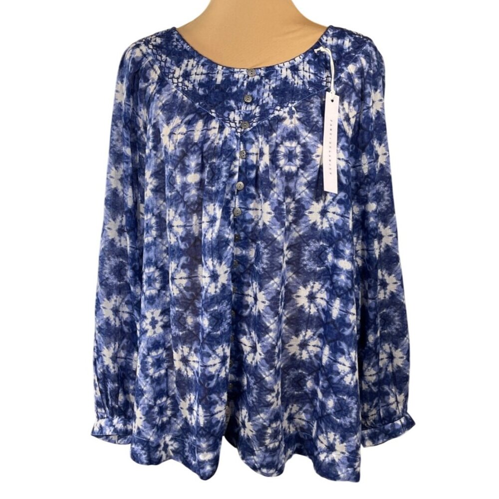 New Beach Lunch Lounge Penelope Top Blouse Blue White Size XL Long Sleeve